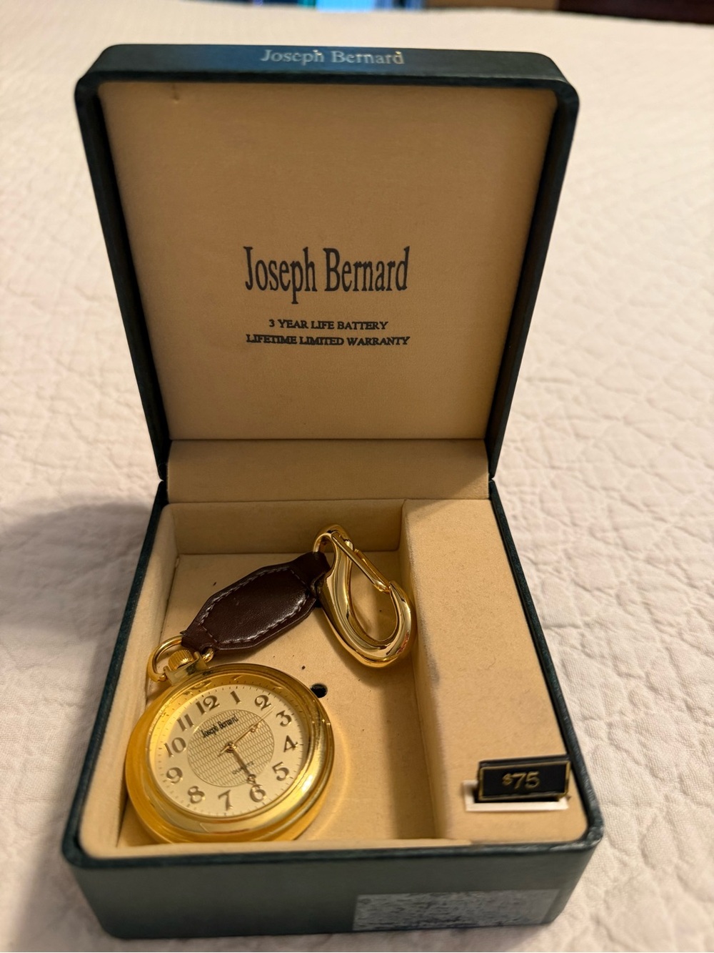 NIB JOSEPH BERNARD gold brown leather pocket watch